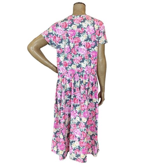 VTG Chandni Shift/Shirt Midi Dress Sz L 100% Cotton Pink Floral Pockets 262F - Picture 5 of 7